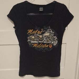 Metal Mulisha Black and Gold Graphic Vneck Tee Y2K